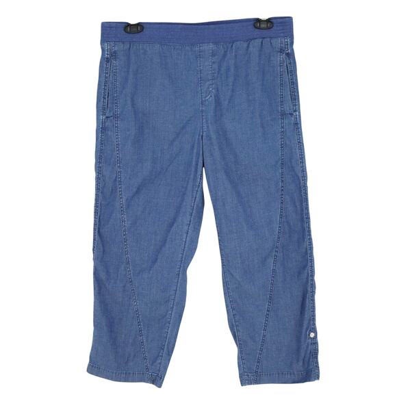 Chicos Pants 2 Womens Large Blue Chambray Pull On Elastic Waist Roll Tab Cuffs - Picture 1 of 14